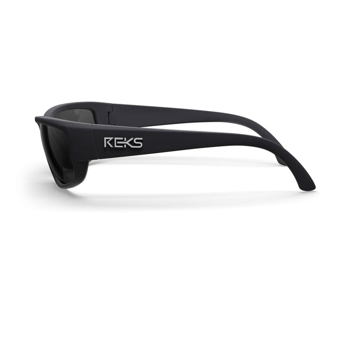REKS® wrap-around prescription polarized polycarbonate sunglasses with solid smoke lenses, offering full eye coverage and protection.