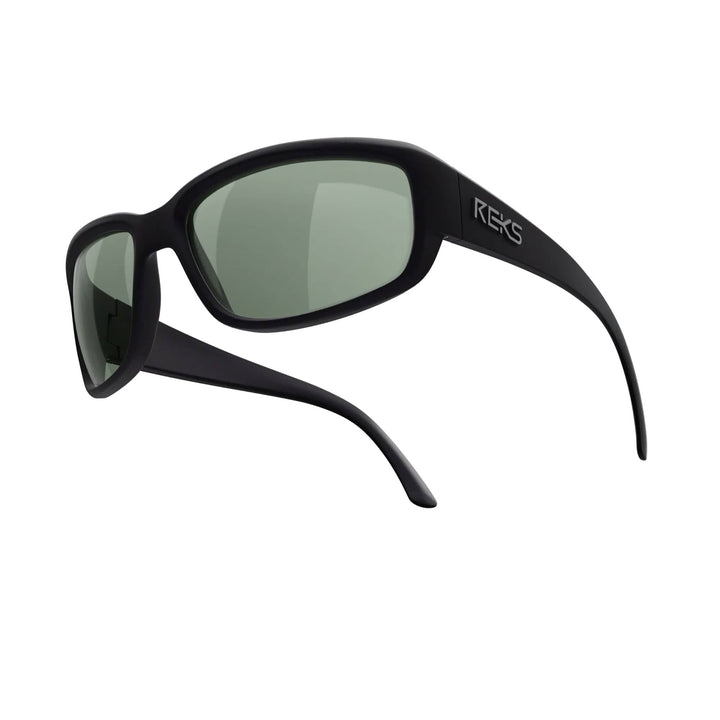 REKS® wrap-around prescription polarized polycarbonate sunglasses with solid smoke lenses, providing eye protection and style.