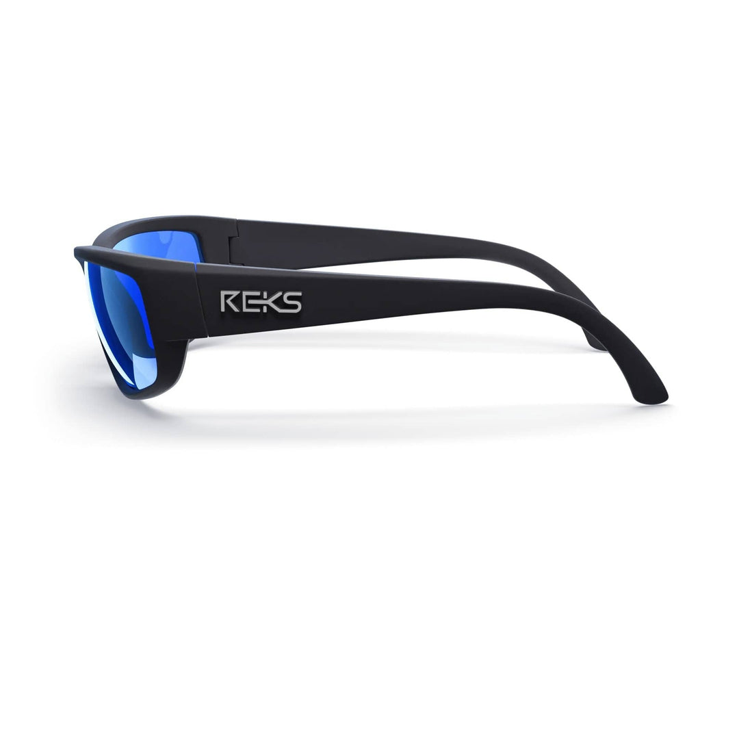 REKS® wrap-around prescription polarized sunglasses with solid smoke lenses and polycarbonate frames.