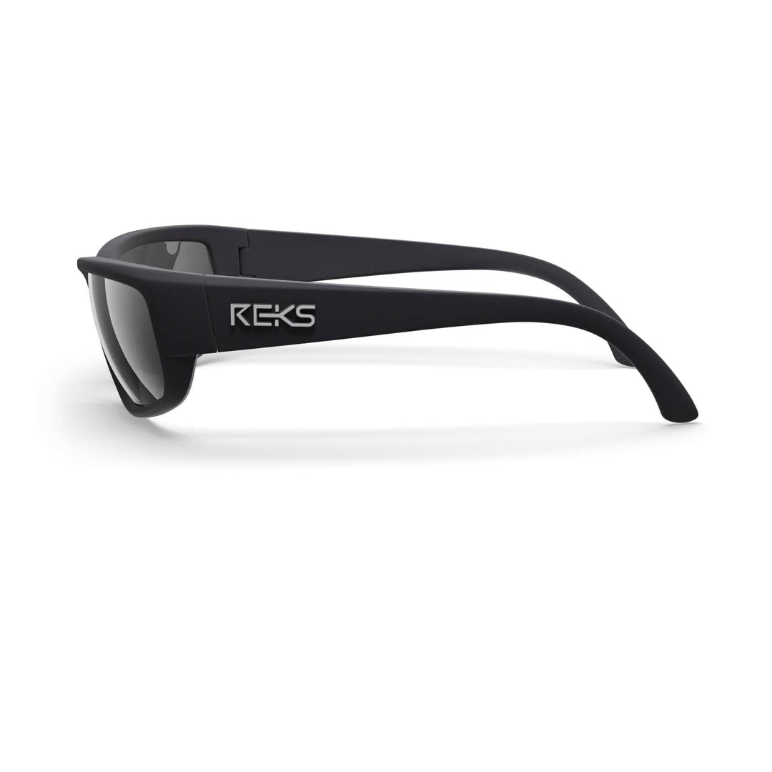 REKS® wrap-around prescription polarized sunglasses with solid smoke lenses and polycarbonate frame for eye protection.