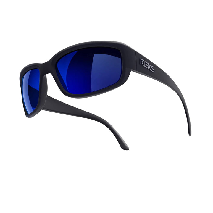 REKS® wrap-around prescription polarized polycarbonate sunglasses with solid smoke lenses, designed for full eye coverage and protection