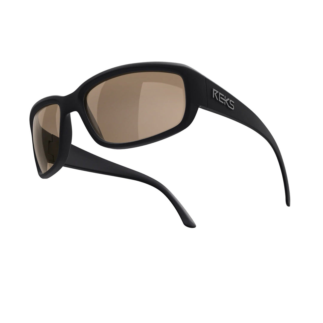 REKS® wrap-around prescription polarized polycarbonate sunglasses with solid smoke lenses, offering eye protection and style.
