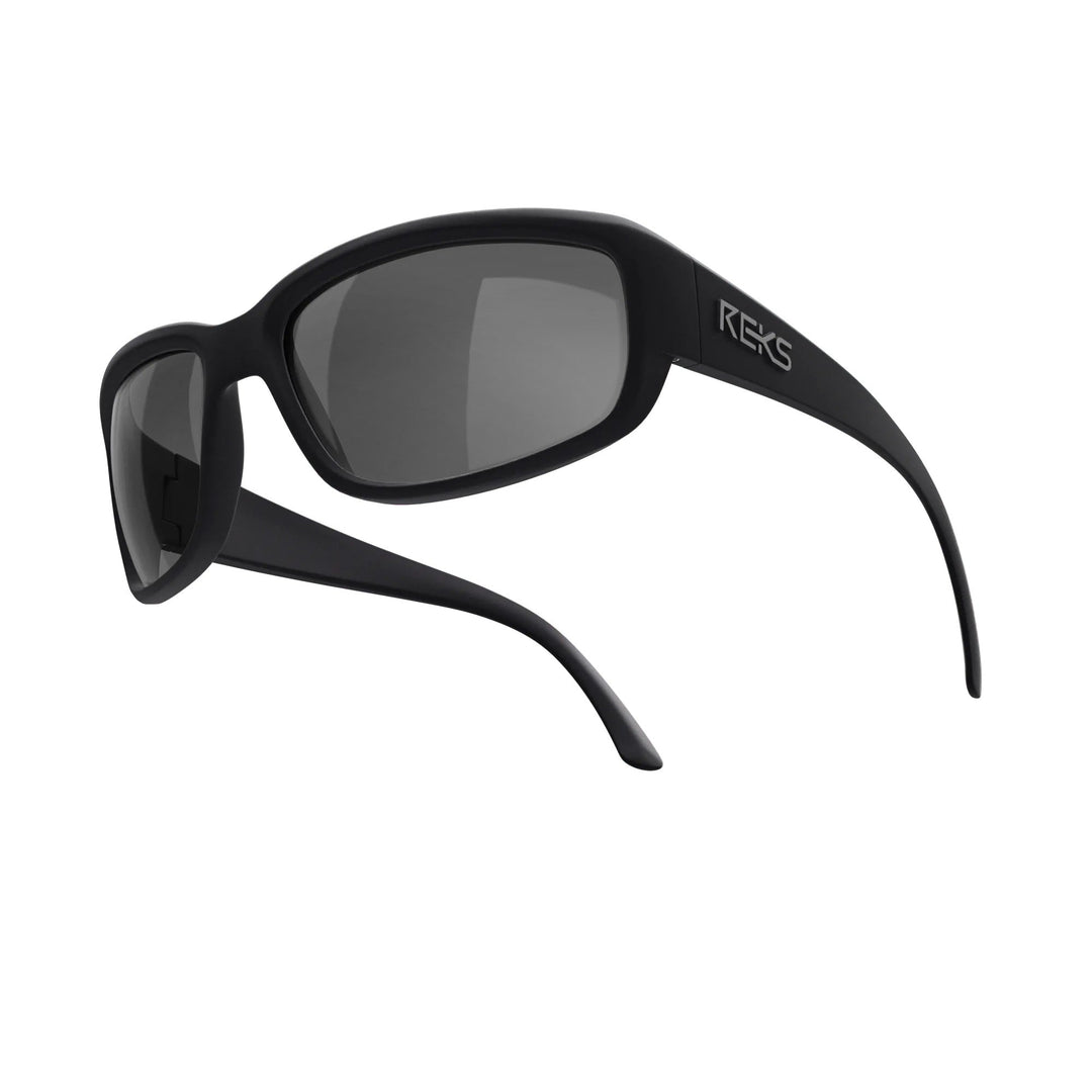 REKS® wrap-around prescription polarized polycarbonate sunglasses with solid smoke lenses, providing stylish eye protection.