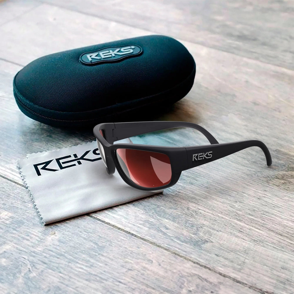Large REKS® Wrap Polarized Trivex sunglasses with red mirror lenses and brown tint, designed for stylish sun protection.