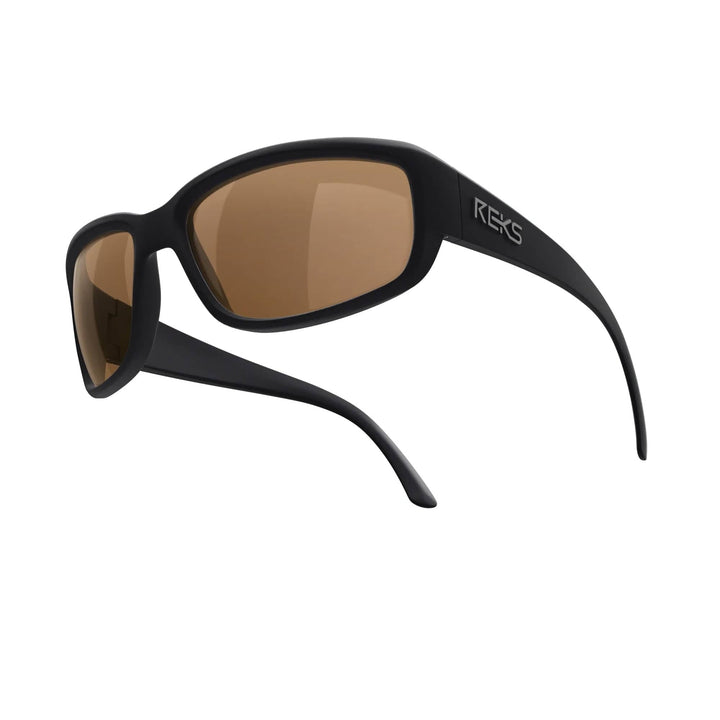REKS® Wrap XL Trivex® polarized prescription sunglasses with large wrap design and solid brown lenses, providing UV protection and style.