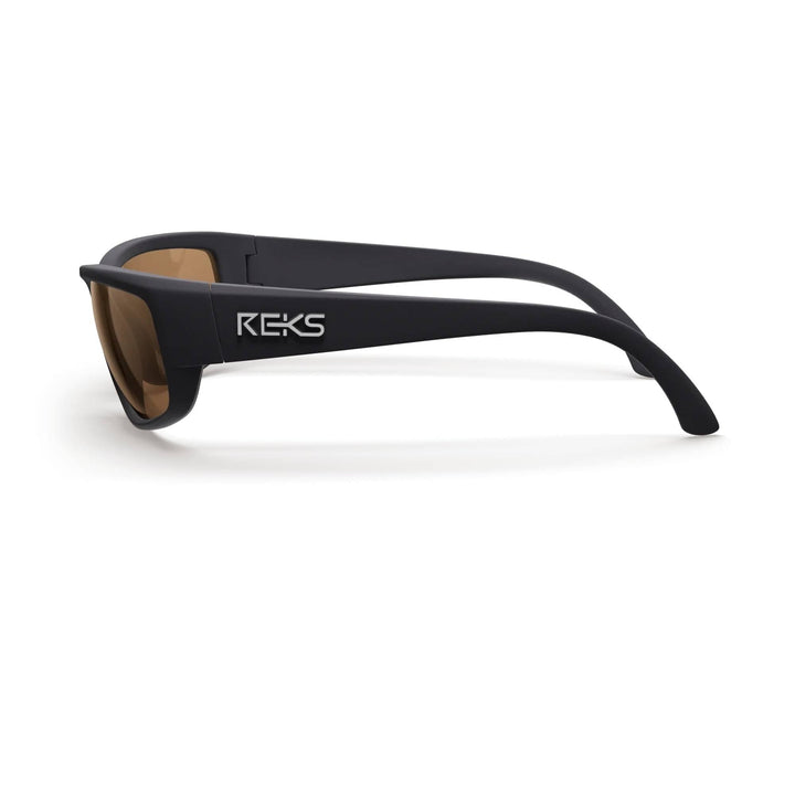 REKS® large wrap-around polarized sunglasses with black frames and brown tinted lenses, side view showcasing sleek design.