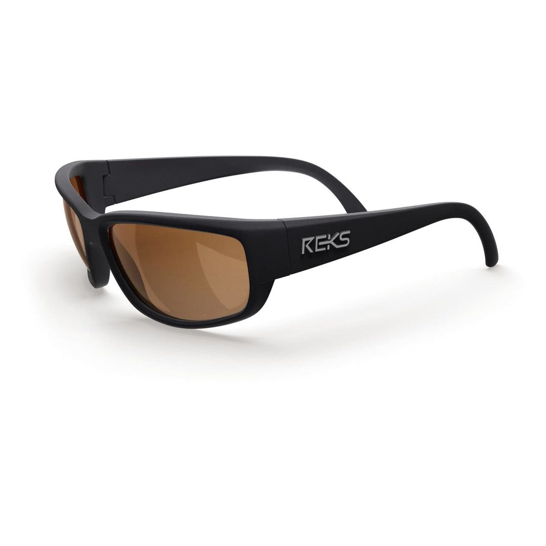 REKS® large wrap-around prescription polarized sunglasses in black with brown tinted lenses, shown from a three-quarter view.