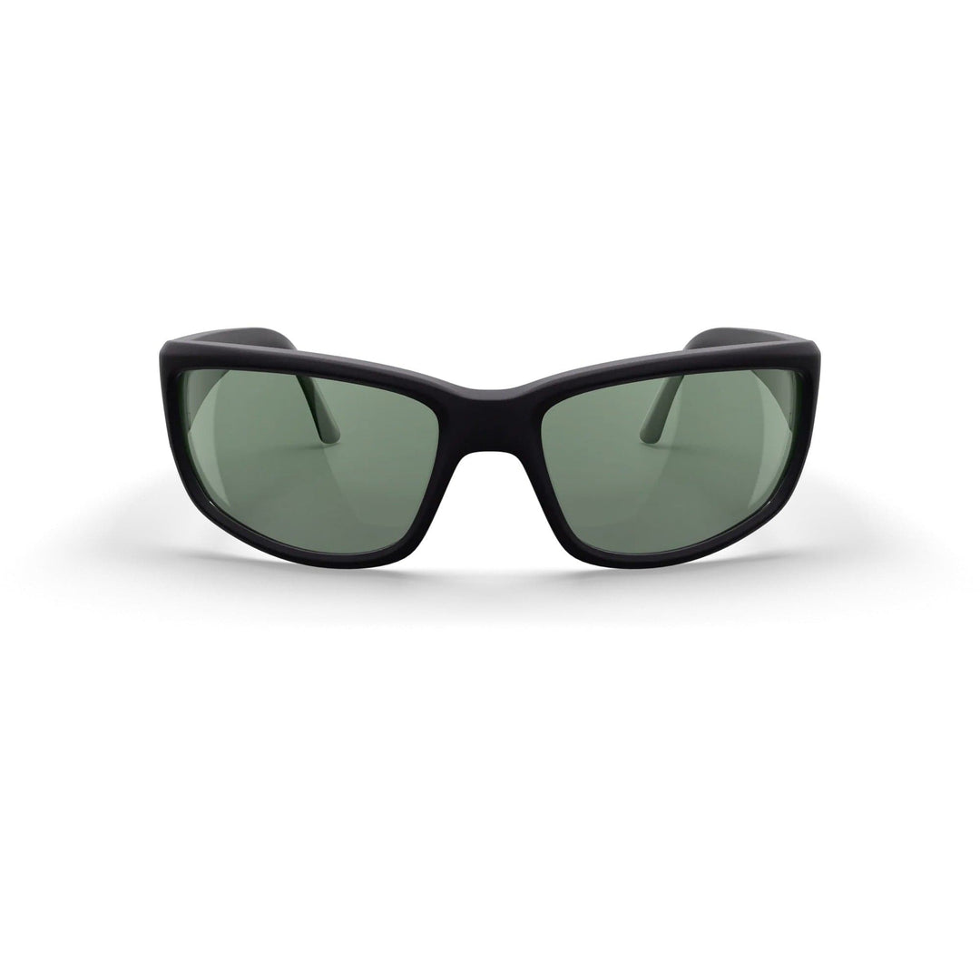 REKS® large wrap-around polarized polycarbonate sunglasses with black frame and green tinted lenses, front view image.