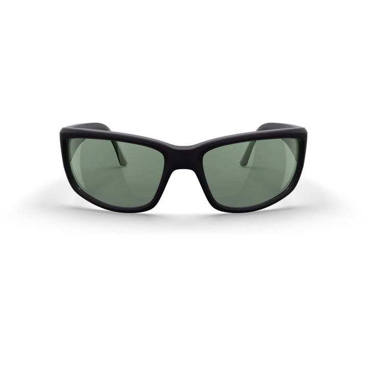 REKS® large wrap-around polarized polycarbonate sunglasses with black frame and green tinted lenses, front view image.