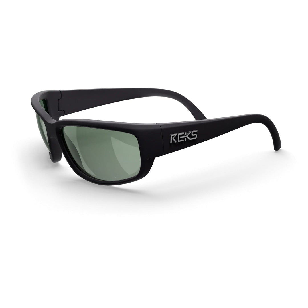REKS® large wrap-around polarized polycarbonate sunglasses with black frames and green tinted lenses, viewed from three-quarters angle