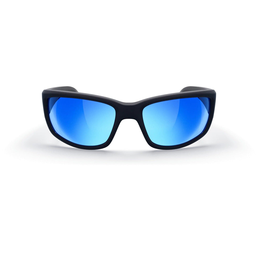 REKS® large wrap-around polarized sunglasses with black and cobalt blue polycarbonate lenses, featuring a sleek, sporty design.