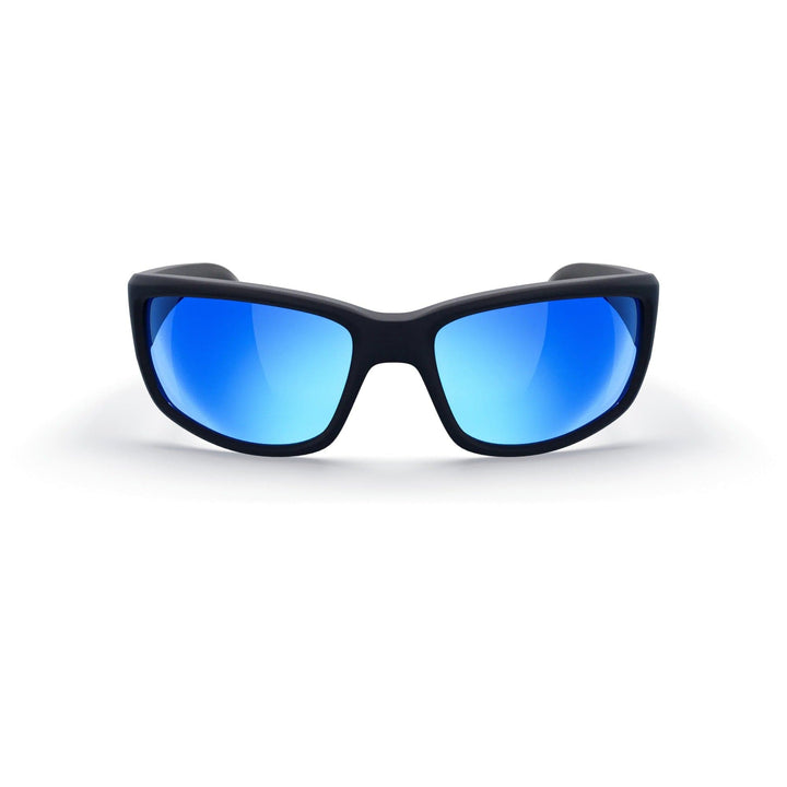 REKS® large wrap-around polarized sunglasses with black and cobalt blue polycarbonate lenses, featuring a sleek, sporty design.