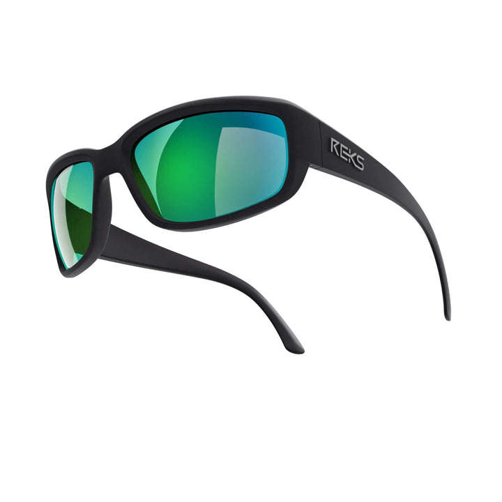 Large wrap-around REKS® polarized sunglasses with black and green mirror lenses, designed for prescription use and outdoor protection.