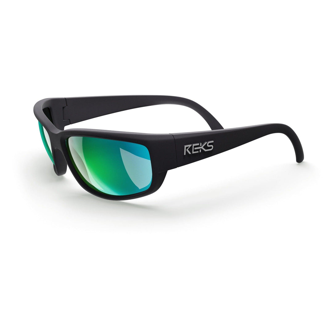REKS® large wrap-around prescription polarized polycarbonate sunglasses with black frame and green mirror lenses, shown from three-quarter angle.
