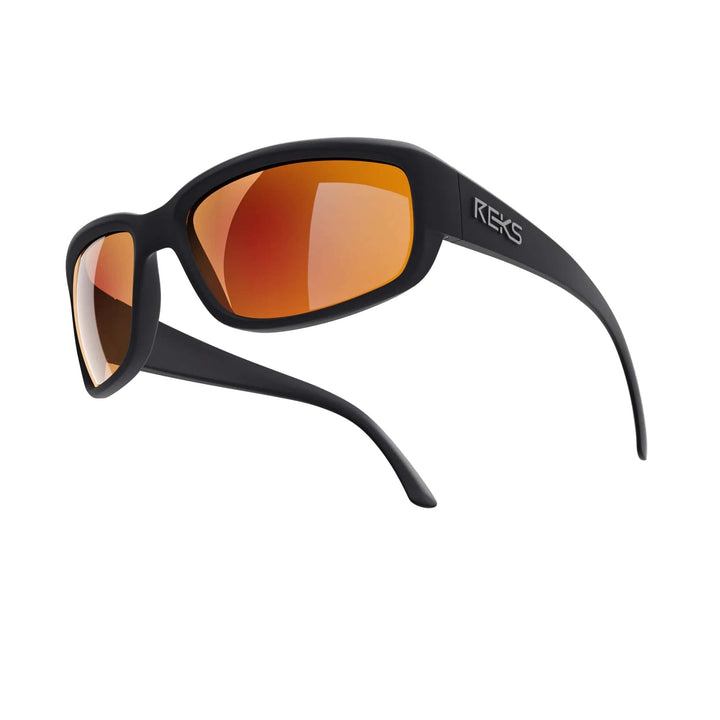 REKS® large wrap-around polarized polycarbonate sunglasses with black and red mirror lenses, designed for full eye protection.