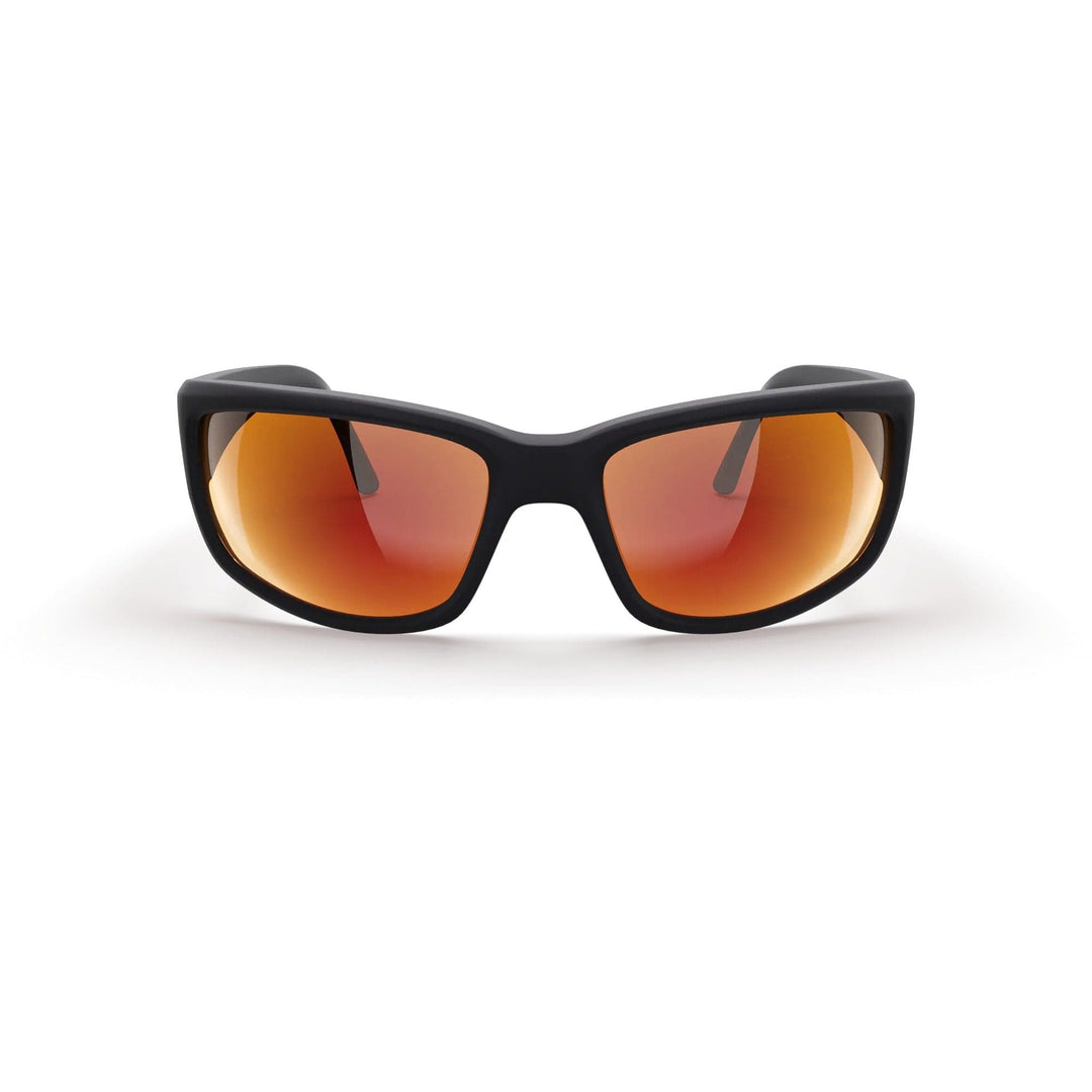 REKS® large wrap-around polarized polycarbonate sunglasses with black and red mirror lenses, front view showing sleek design.