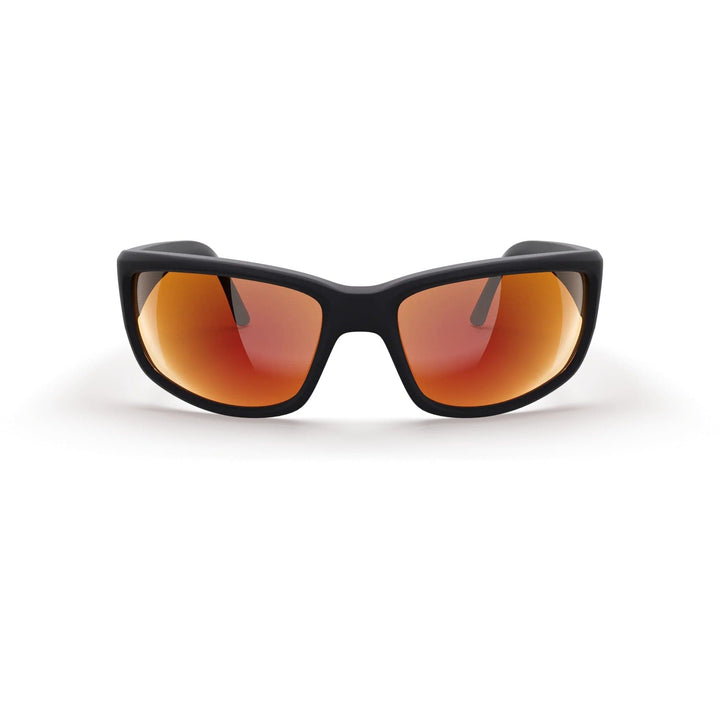 REKS® large wrap-around polarized polycarbonate sunglasses with black and red mirror lenses, front view showing sleek design.