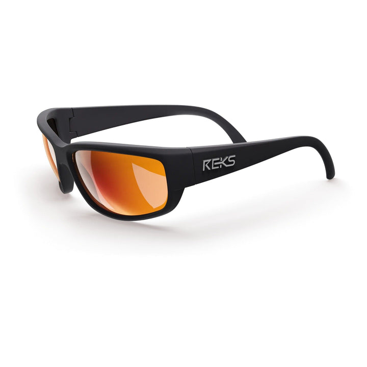 Large REKS® wrap-around polarized sunglasses with black and red mirror lenses, shown from three-quarters angle.