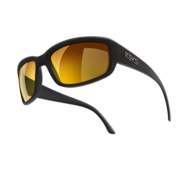 REKS® large wrap-around polarized sunglasses with black and gold mirror polycarbonate lenses, designed for full eye coverage.