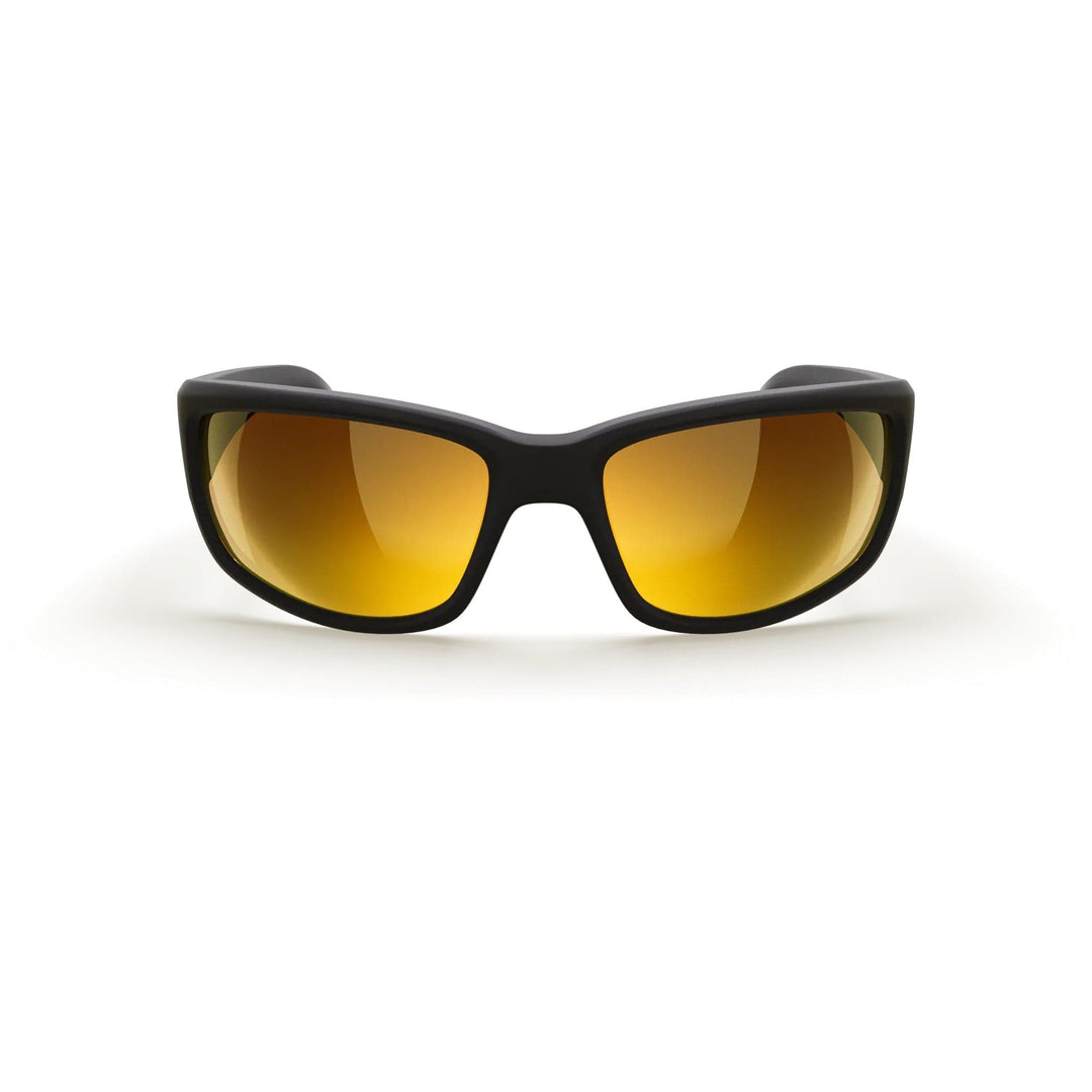 REKS® large wrap-around prescription polarized sunglasses with black frames and gold mirror lenses, front view.