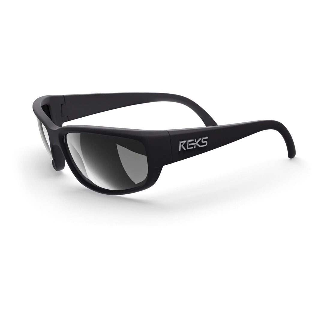 REKS® large wrap-around polarized sunglasses with black frames and silver mirror lenses, shown from three-quarter angle.