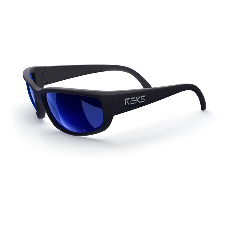REKS® large wrap-around polarized sunglasses with black frames and blue mirrored lenses, shown from a three-quarter angle.