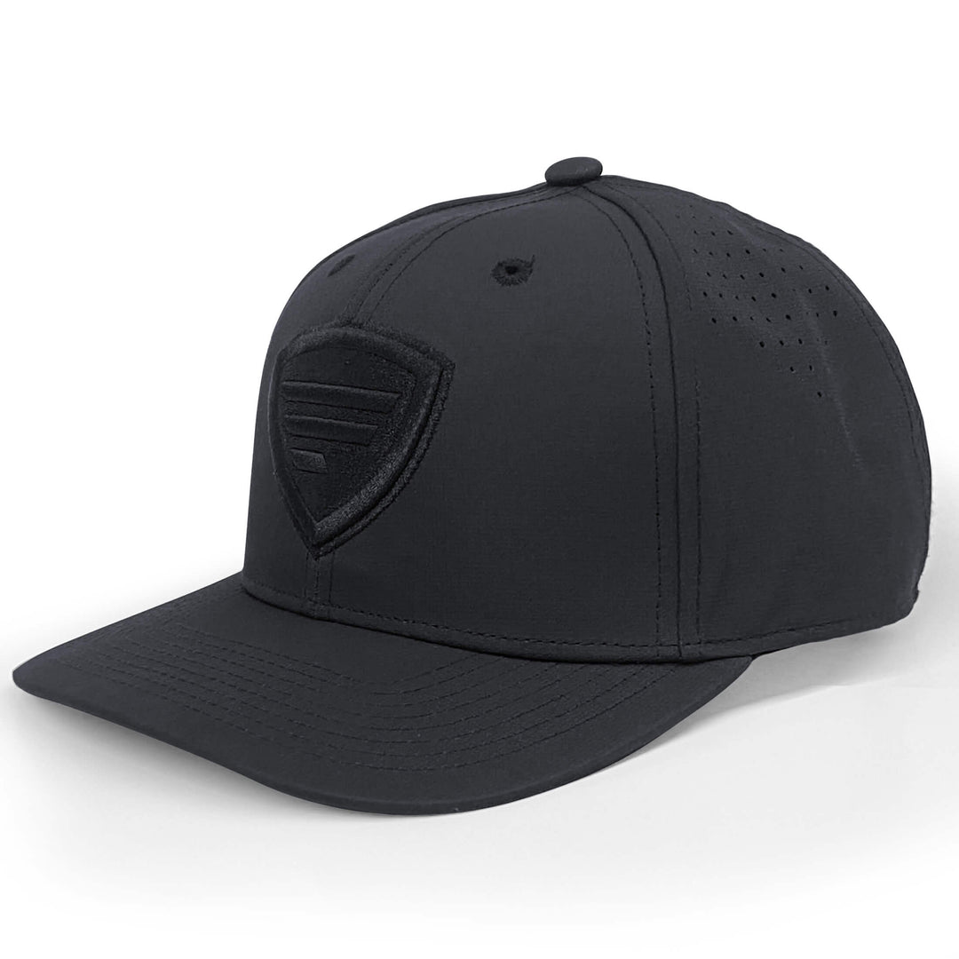 Black Resolute Hat by Favorite Fishing featuring a curved brim and adjustable strap for comfortable outdoor wear.