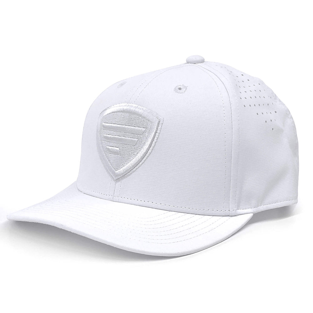 White Resolute Hat by Favorite Fishing featuring a curved brim and adjustable strap, designed for comfort and style.