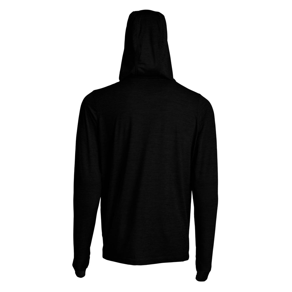 Black Heather hooded long sleeve shirt from Scalesgear's Iconic Hooded Active Performance collection, designed for active wear.