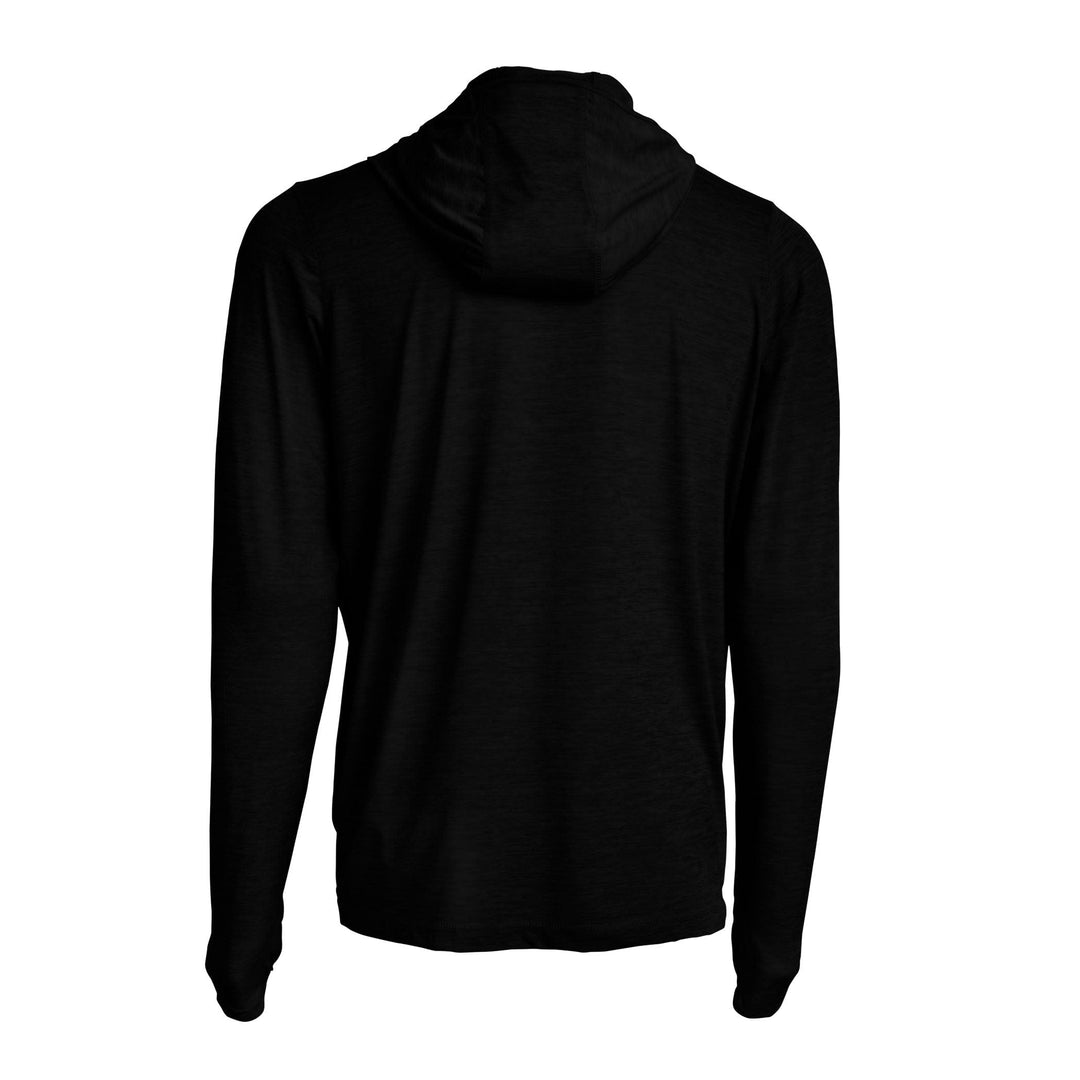 Black Heather hooded long sleeve active performance shirt by Scalesgear, featuring a comfortable fit and athletic design.