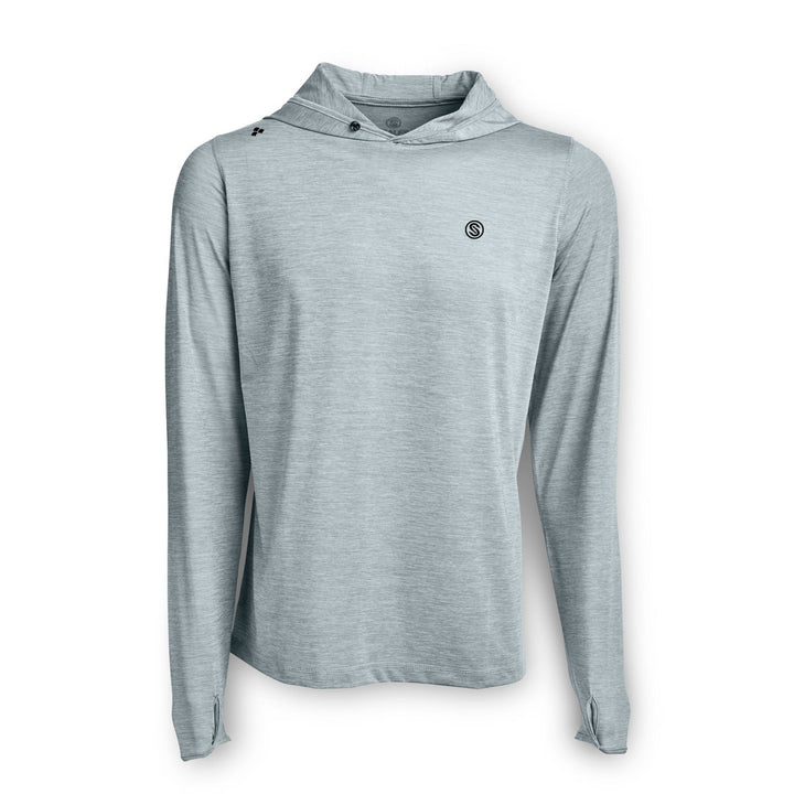 Grey heather hooded long sleeve active performance shirt by Scalesgear, featuring a comfortable fit and stylish design.
