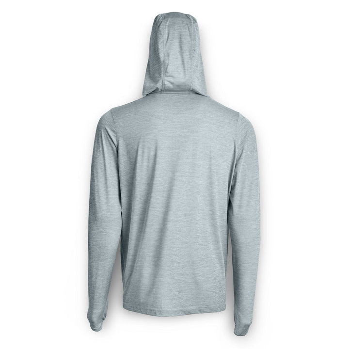 Grey Heather hooded long sleeve active performance shirt by Scalesgear.com, designed for comfort and athletic wear.