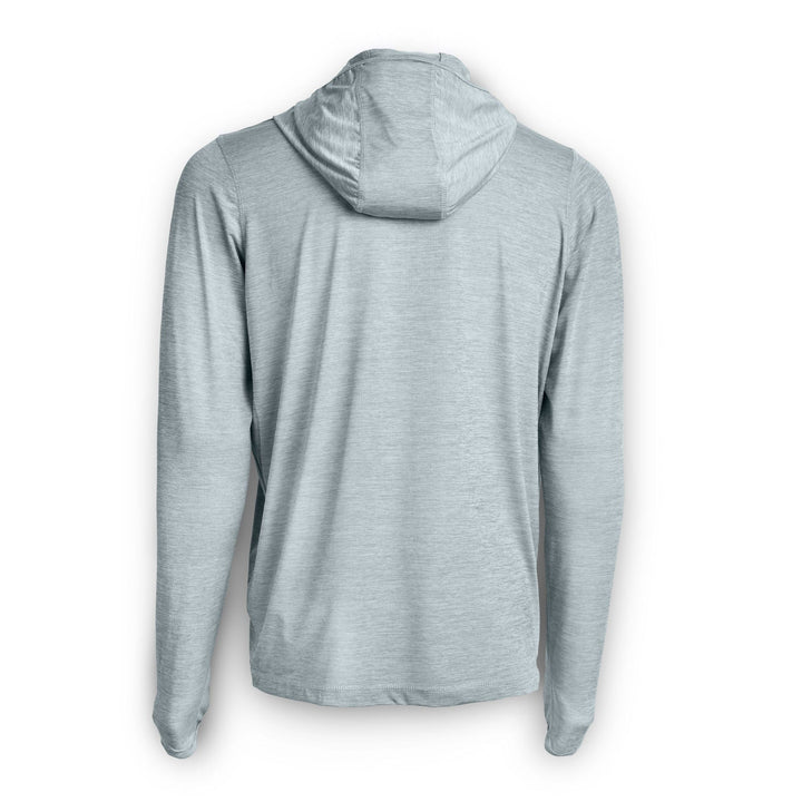 Grey Heather hooded long sleeve active performance shirt by Scalesgear.com, shown on a mannequin with detailed fabric texture.