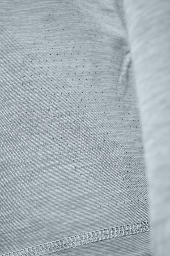 Grey Heather hooded long sleeve active performance shirt by Scalesgear.com, designed for comfort and athletic movement.