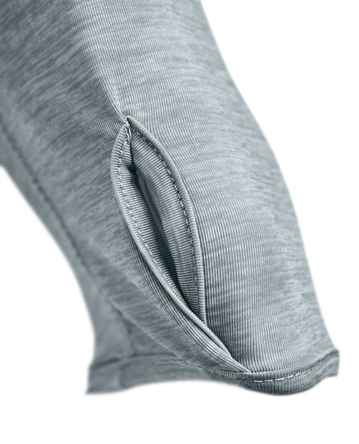 Grey Heather hooded long sleeve active performance shirt by Scalesgear.com, designed for comfort and athletic activities.