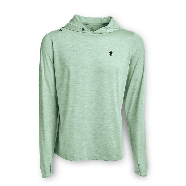 Scalesgear.com Iconic Hooded Active Performance long sleeve shirt in mangrove heather fabric, designed for active wear and comfort.