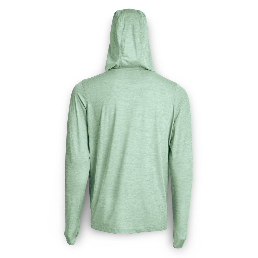 Scalesgear.com men's hooded active performance long sleeve shirt in mangrove heather, designed for athletic wear and comfort.