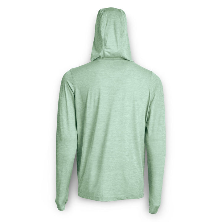 Scalesgear.com men's hooded active performance long sleeve shirt in mangrove heather, designed for athletic wear and comfort.