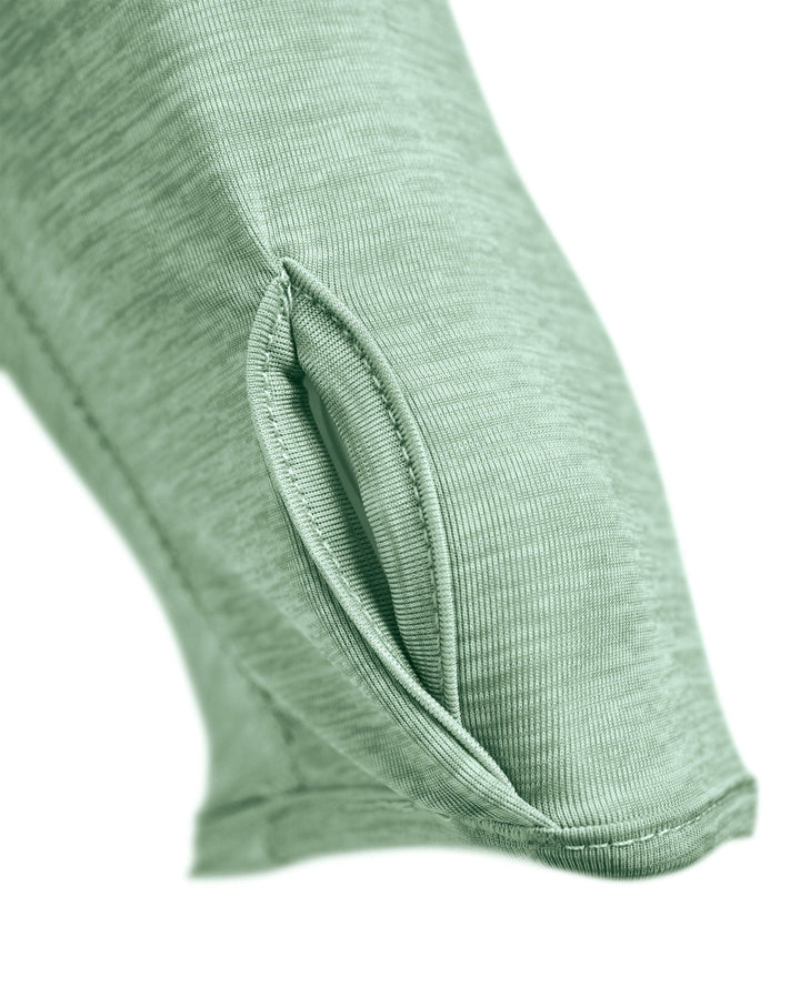 Scalesgear.com Iconic Hooded Active Performance long sleeve shirt in mangrove heather, featuring a comfortable hood and athletic fit.
