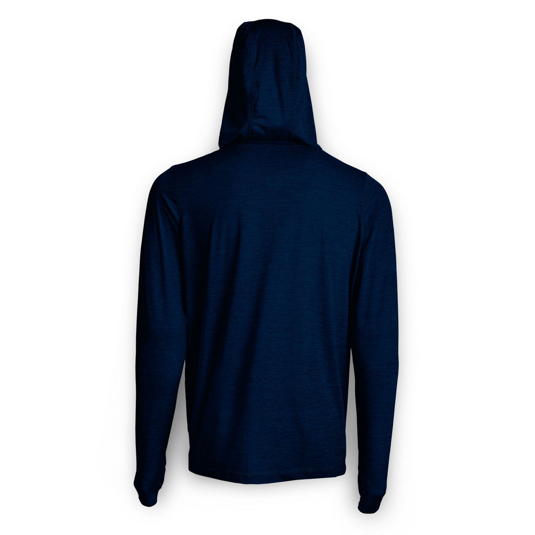 Navy heather hooded long sleeve active performance shirt by Scalesgear, designed for comfort and athletic wear.