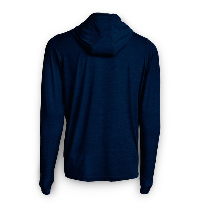 Navy Heather hooded long sleeve active performance shirt by Scalesgear.com, featuring a comfortable fit and athletic design.