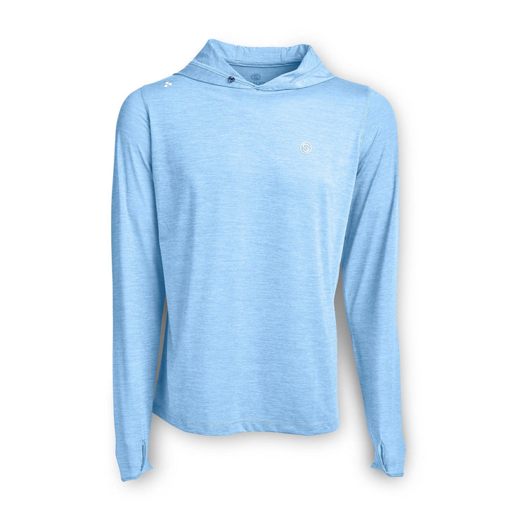 Powder blue hooded long sleeve active performance shirt by Scalesgear.com, featuring a comfortable fit and sporty design.