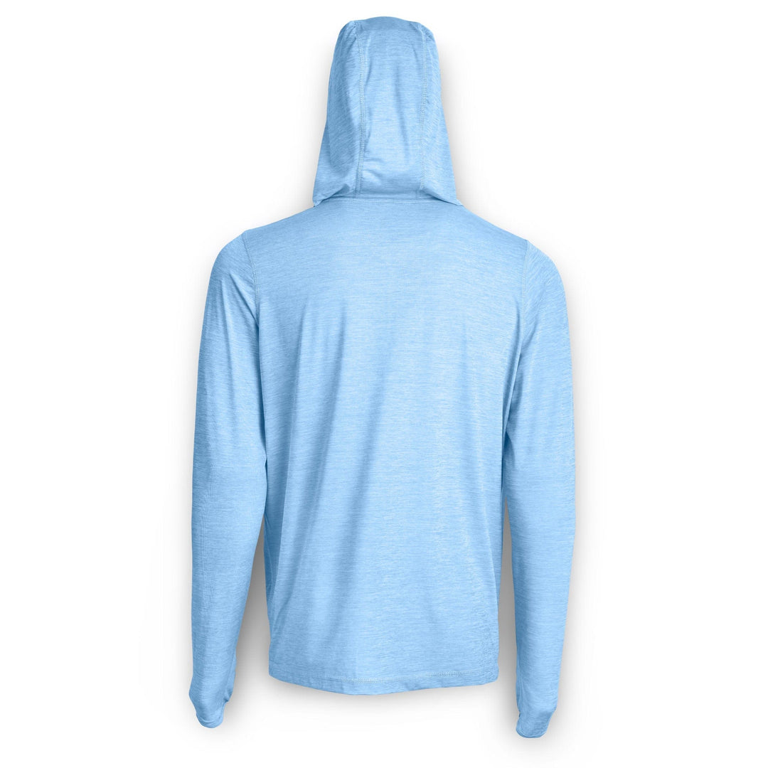 Powder blue hooded long sleeve active performance shirt by Scalesgear.com, lightweight and comfortable for athletic wear.