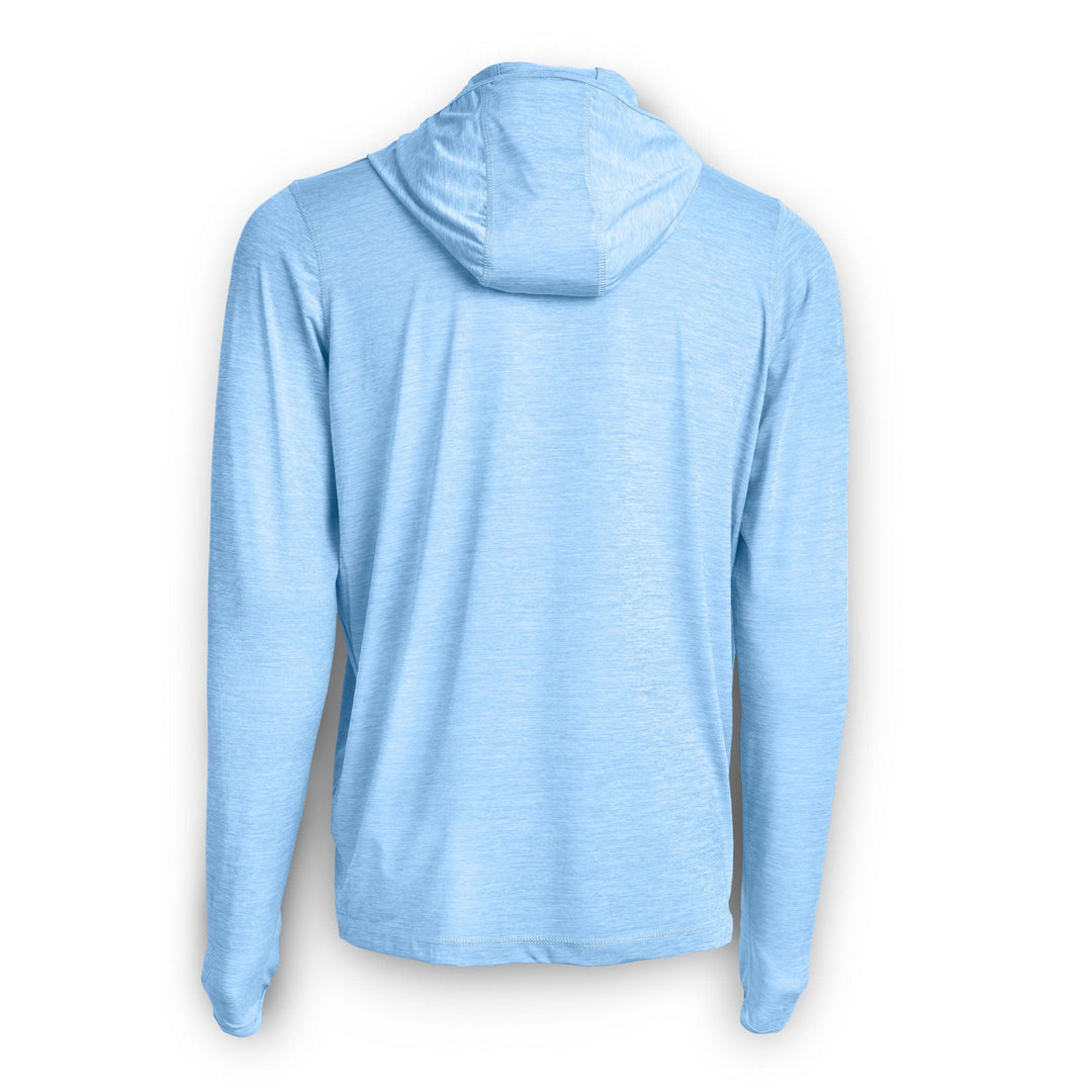 Blue hooded long sleeve active performance shirt by Scalesgear, designed for comfort and movement during workouts.
