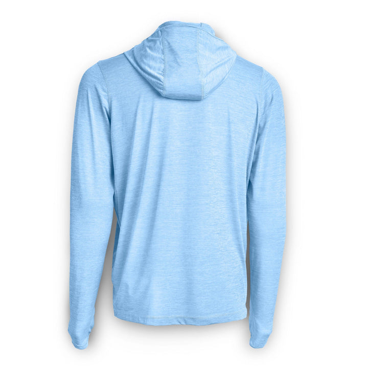 Blue hooded long sleeve active performance shirt by Scalesgear, designed for comfort and movement during workouts.