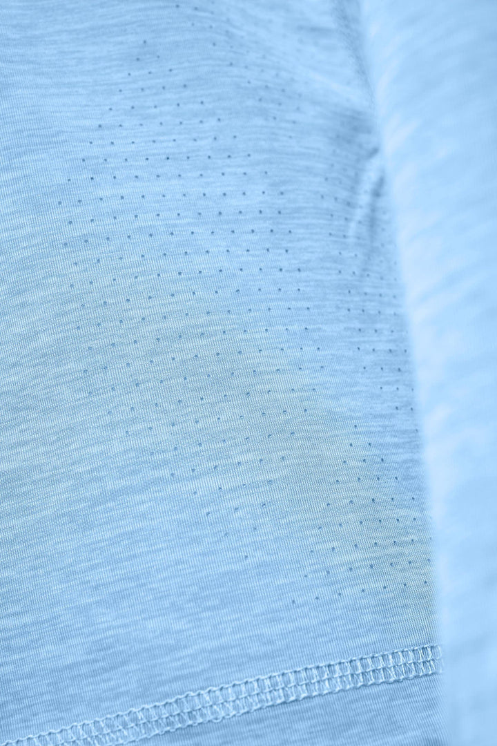 Blue hooded long sleeve active performance top by Scalesgear.com, designed for comfort and style during workouts.