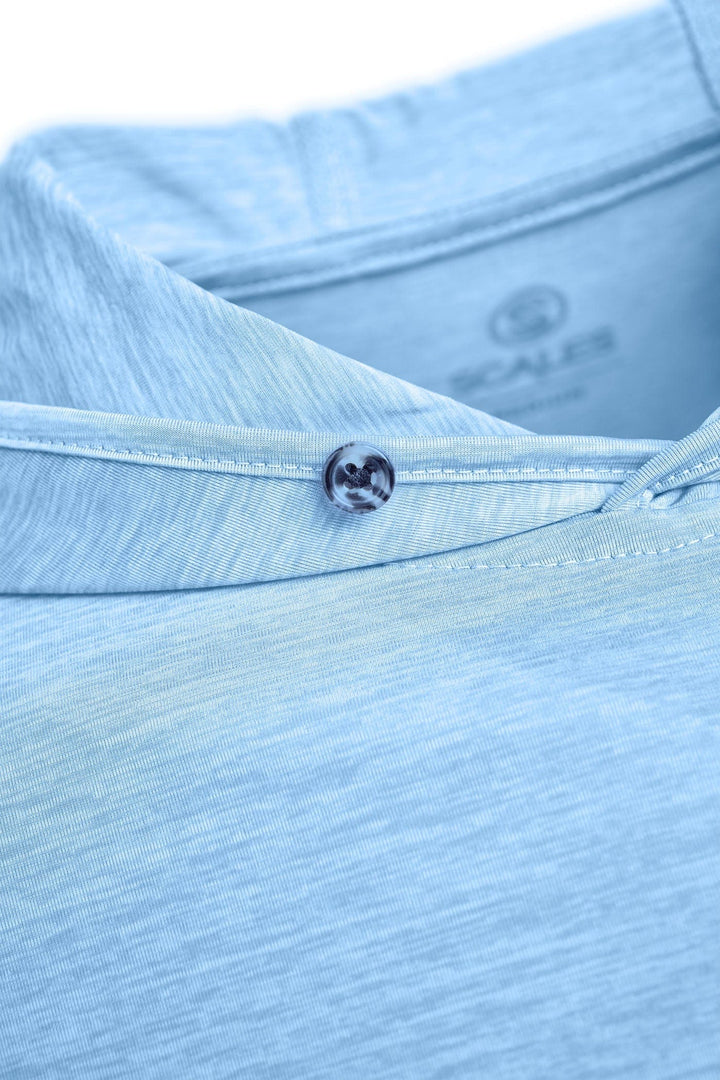 Powder blue hooded long sleeve active performance shirt by Scalesgear.com, designed for comfort and athletic wear.