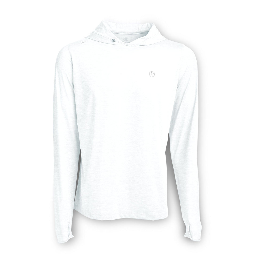 White hooded long sleeve shirt from Scalesgear's Iconic Hooded Active Performance collection, designed for active wear and comfort.