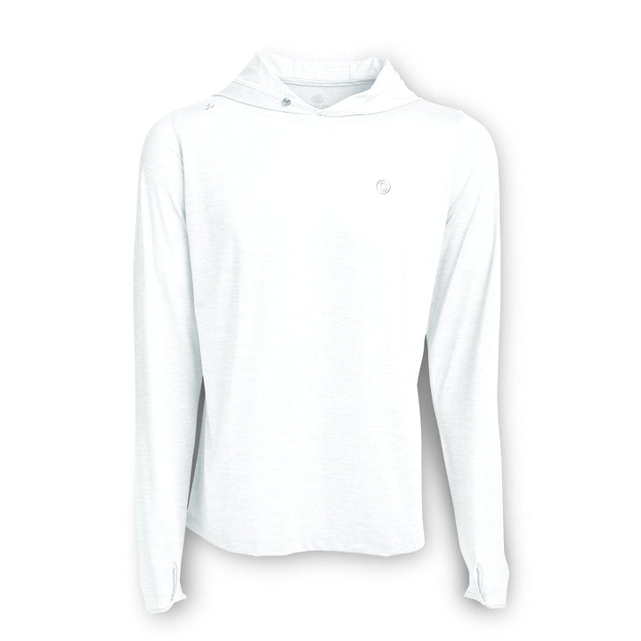 White hooded long sleeve shirt from Scalesgear's Iconic Hooded Active Performance collection, designed for active wear and comfort.