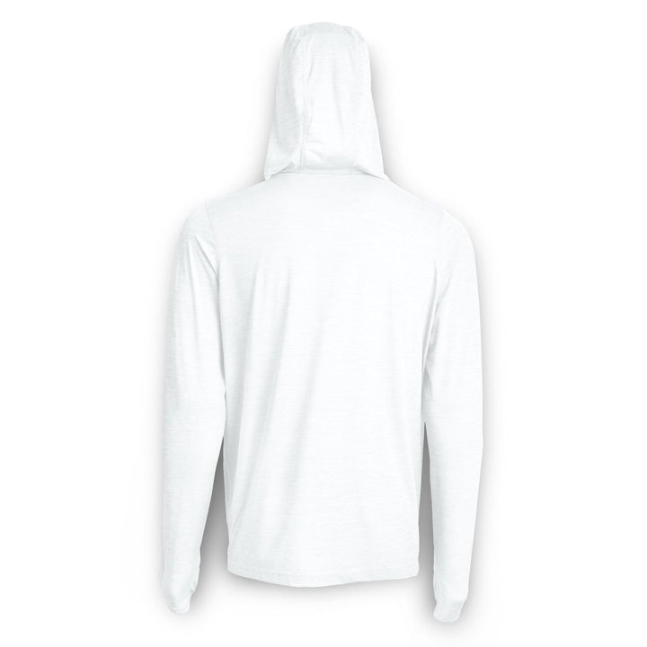 White hooded active performance long sleeve shirt by Scalesgear, featuring a sleek fit and breathable fabric for workout comfort.